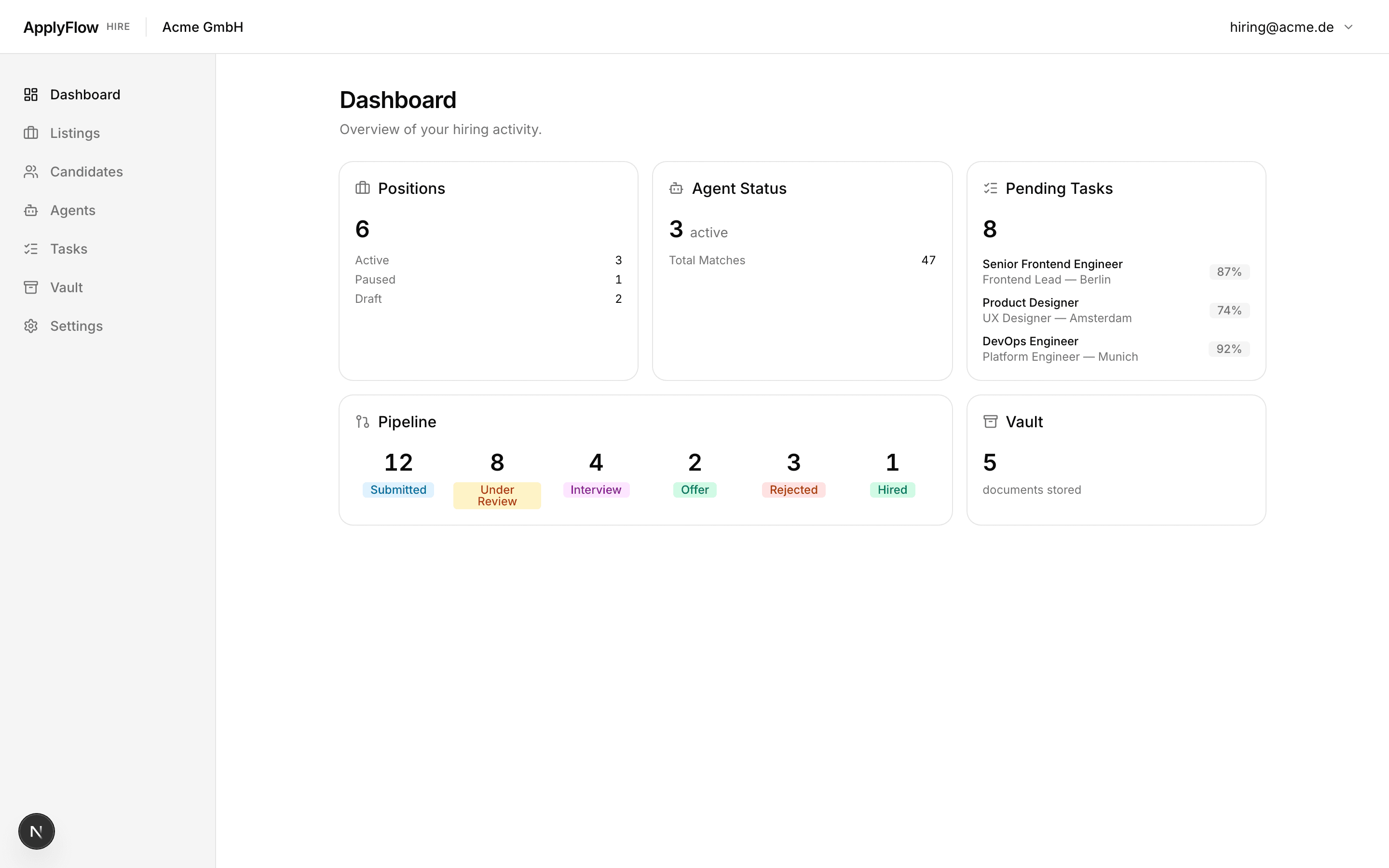 Compliance dashboard showing document vault, agent activity log, and audit trail