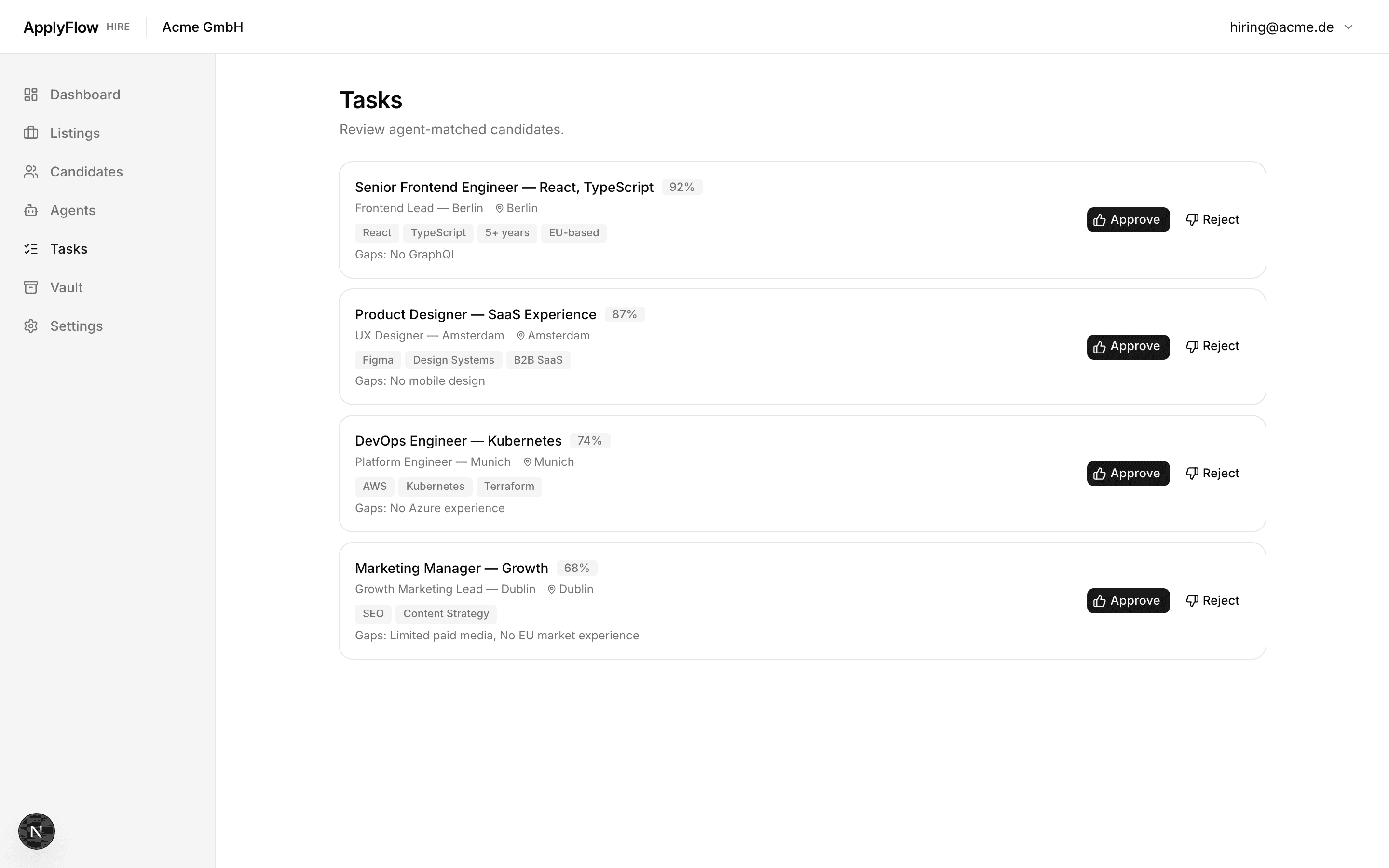 ApplyFlow task queue showing agent-matched candidates with match scores and approval actions